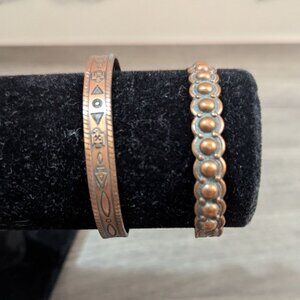 Solid Copper Vintage Cuff Bracelets Set Of 2 With Embossed Tribal & Scalloped De